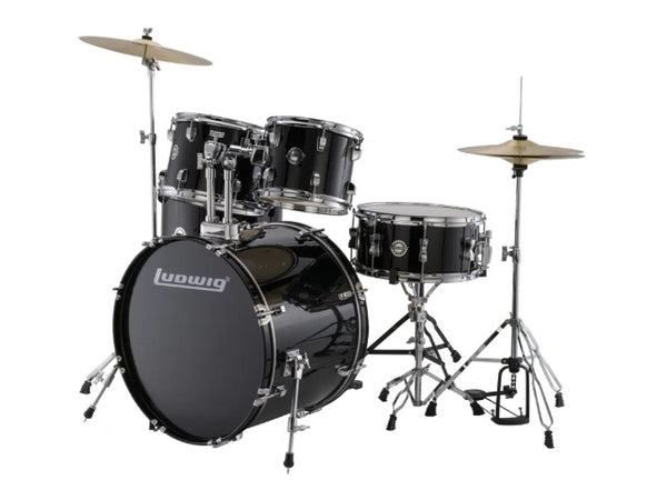 Kit de batterie Ludwig 5 pièces Accent Fuse avec matériel, cymbales et trône Black Sparkle 10 12 14 14SN 20BD