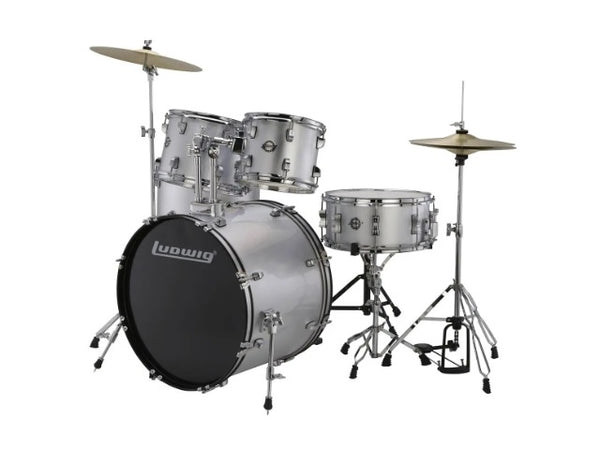 Kit de batterie Ludwig 5 pièces Accent Fuse avec matériel, cymbales et trône Silver Sparkle 10 12 14 14SN 20BD